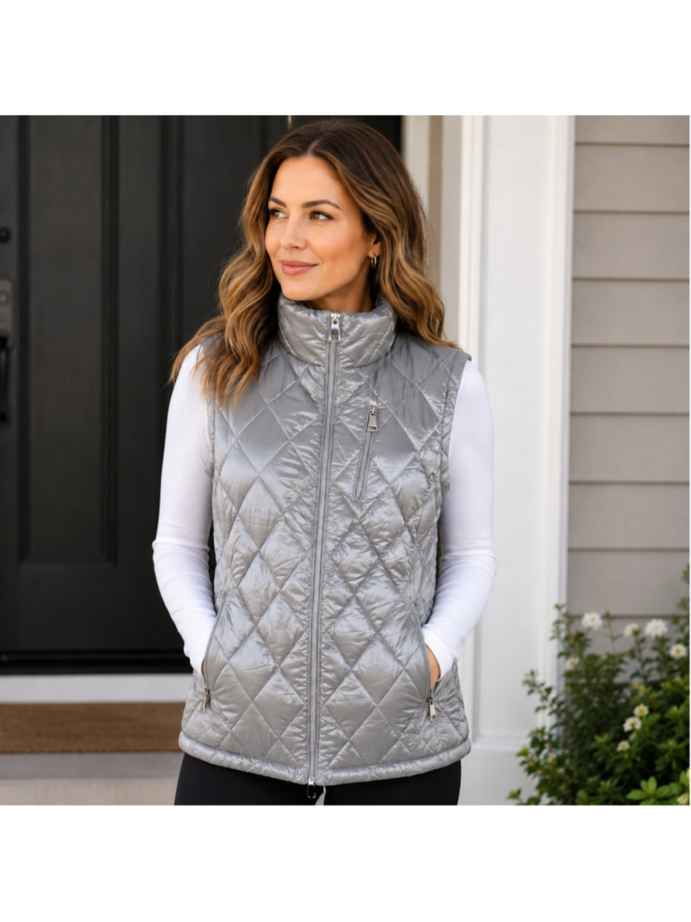 Calvin Klein Women Lightweight Duck Down Quilted Puffer Silver Zip Up Vest Sz M